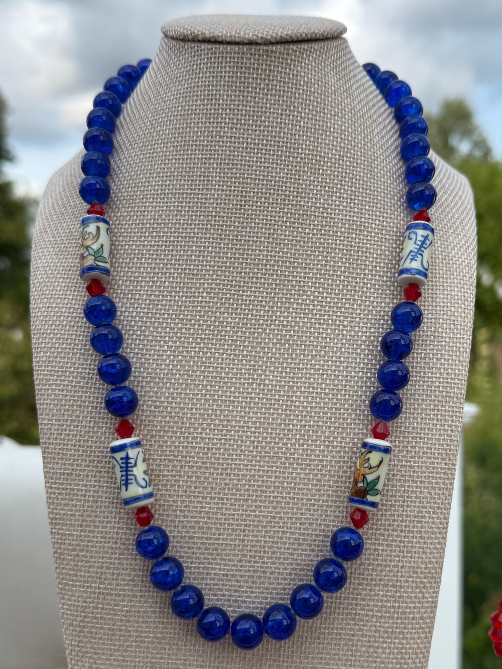 Handcrafted Blue Glass Beaded Necklace & Earrings with Red Crystal Accents - Picture 3 of 5